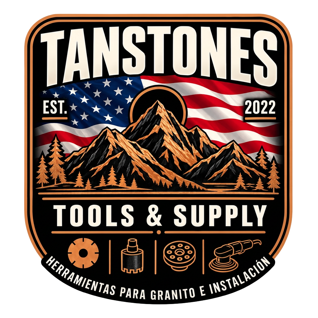 Tanstones Tools & Supply mountain badge, est. 2022, herramientas para granito e instalación